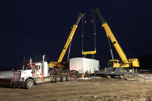 Wind turbine component positioned on specialized Buchanan Hauling equipment for heavy haul transportation.