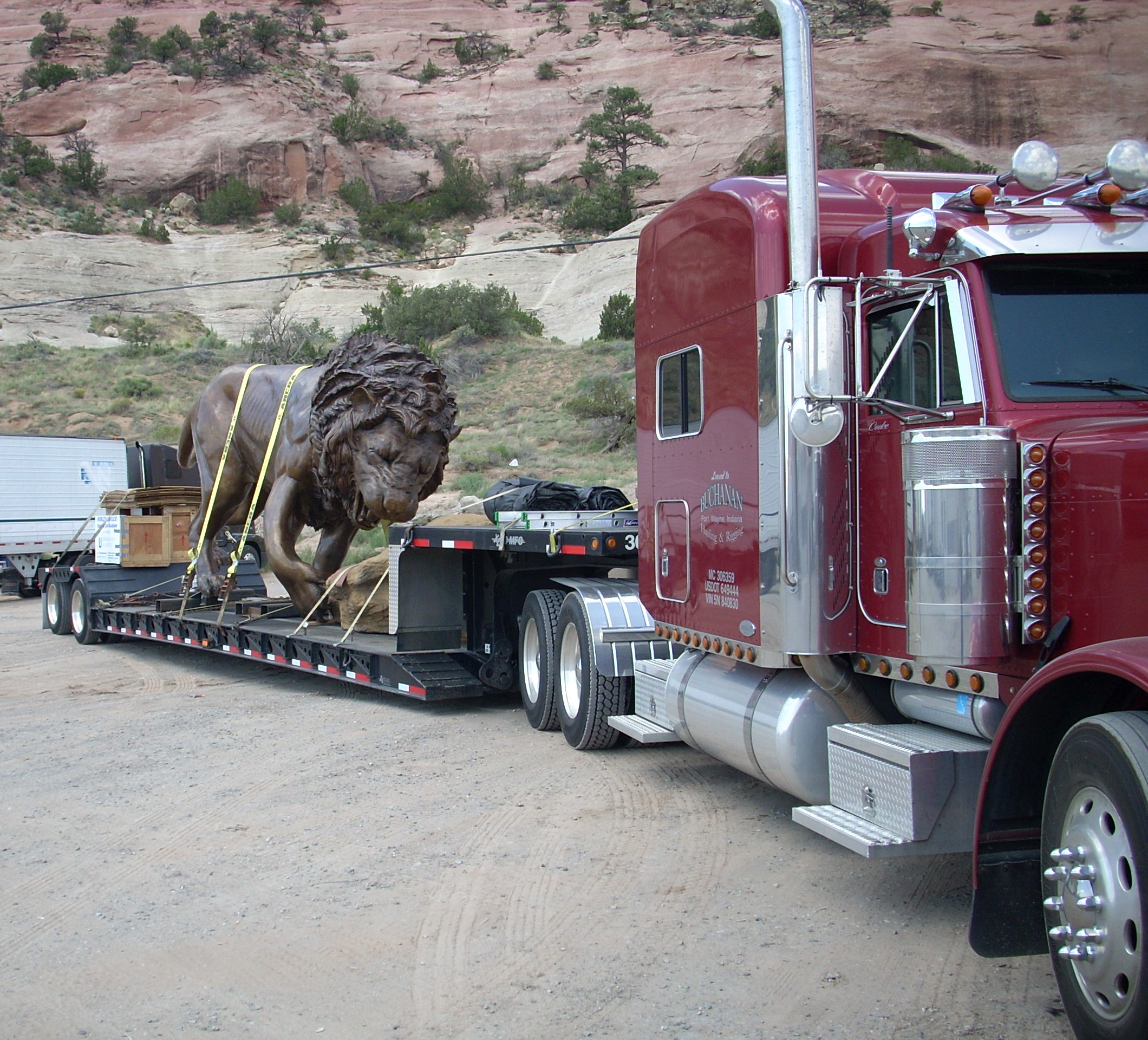 A unique lion sculpture delivered to a college thanks to Buchanan Hauling Specialized. A unique lion sculpture delivered to a college thanks to Buchanan Hauling Specialized.