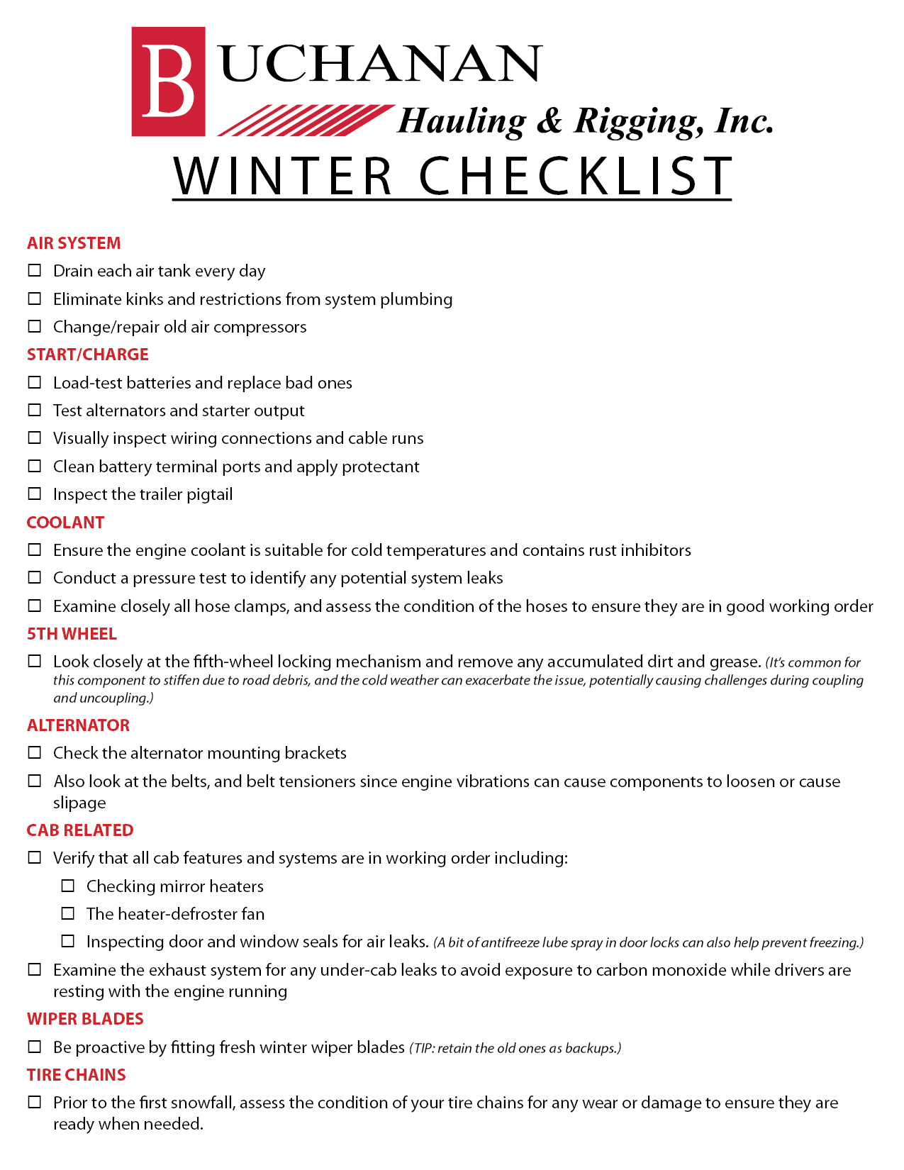 Buchanan Hauling and Rigging Winter Truck Driver Checklist