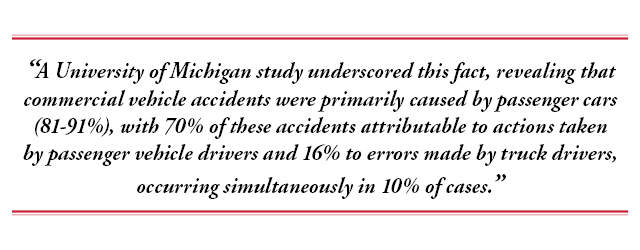 A University of Michigan study underscored this fact, revealing that commercial vehicle accidents were primarily caused by passenger cars (81-91%), with 70% of these accidents attributable to actions taken by passenger vehicle drivers and 16% to errors made by truck drivers, occurring simultaneously in 10% of cases.