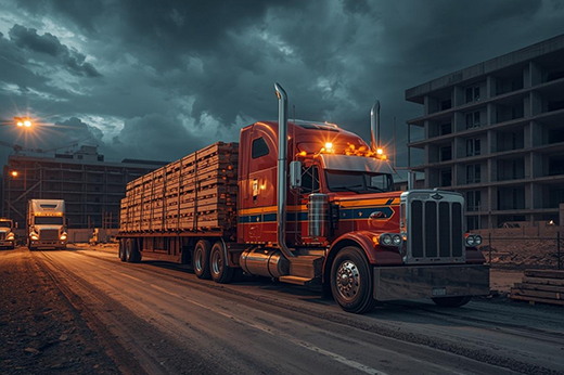 Flatbed trailer transporting industrial materials to construction project.