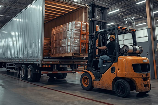 Urgent freight shipment being loaded onto commercial truck.