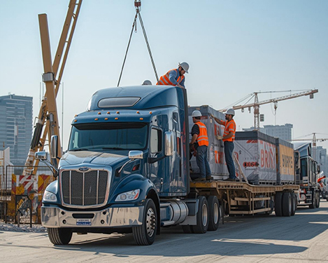 Urgent freight shipment being loaded onto commercial truck.