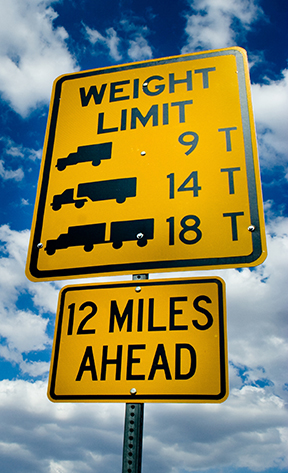 A sign giving weight limits based on truck and trailer type depending on the state laws
