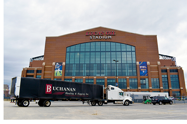 Buchanan Conestoga truck in front of Lucas Oil Stadium after delivering freight for the NBA All-Star game.