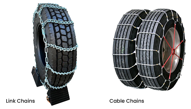 Both chain link tire chains and cable tire chains for semi truck tires.