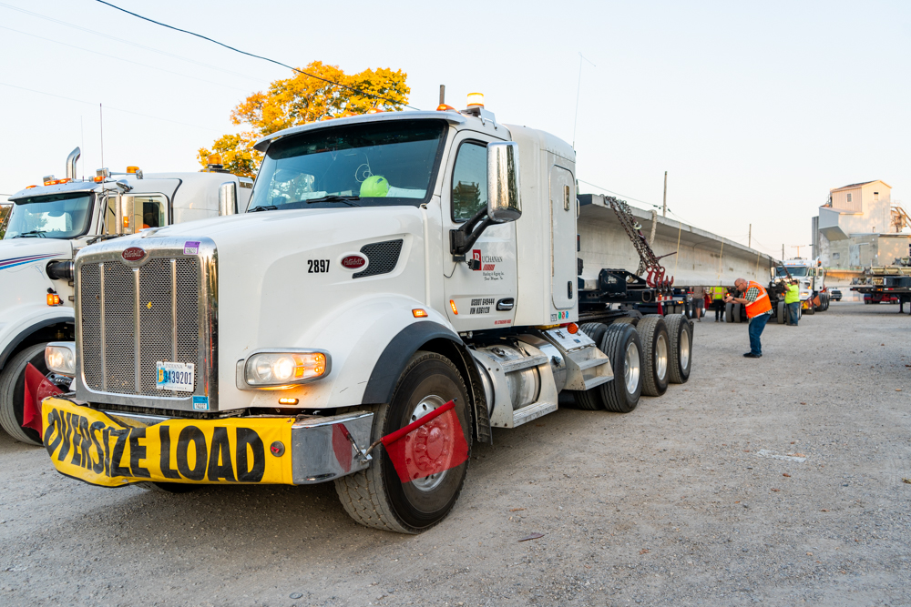 Buchanan Hauling transports a girder to be used in highway and road bridge construction.