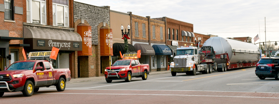 Buchanan Heavy Haul division moves a liquid tank headed to a food processing company.