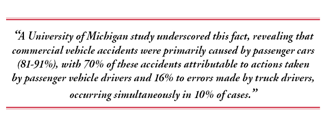 Quote: "A University of Michigan study underscored this fact, revealing that commercial vehicle accidents were primarily caused by passenger cars (81-91%), with 70% of these accidents attributable to actions taken by passenger vehicle drivers and 16% to errors made by truck drivers, occurring simultaneously in 10% of cases."