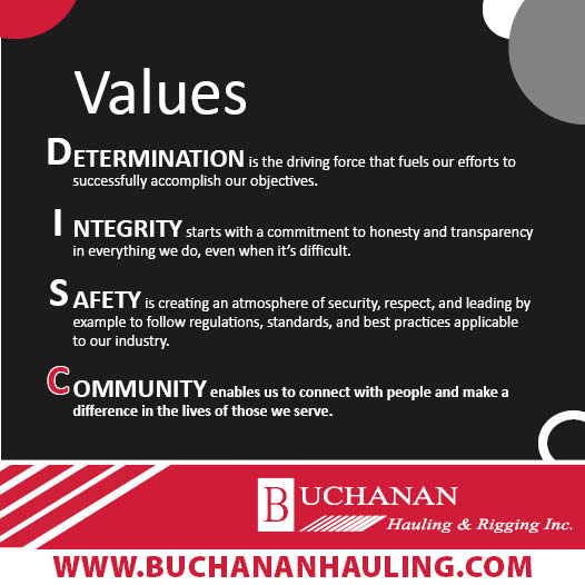 Buchanan Hauling core values: determination, integrity, safety, and community