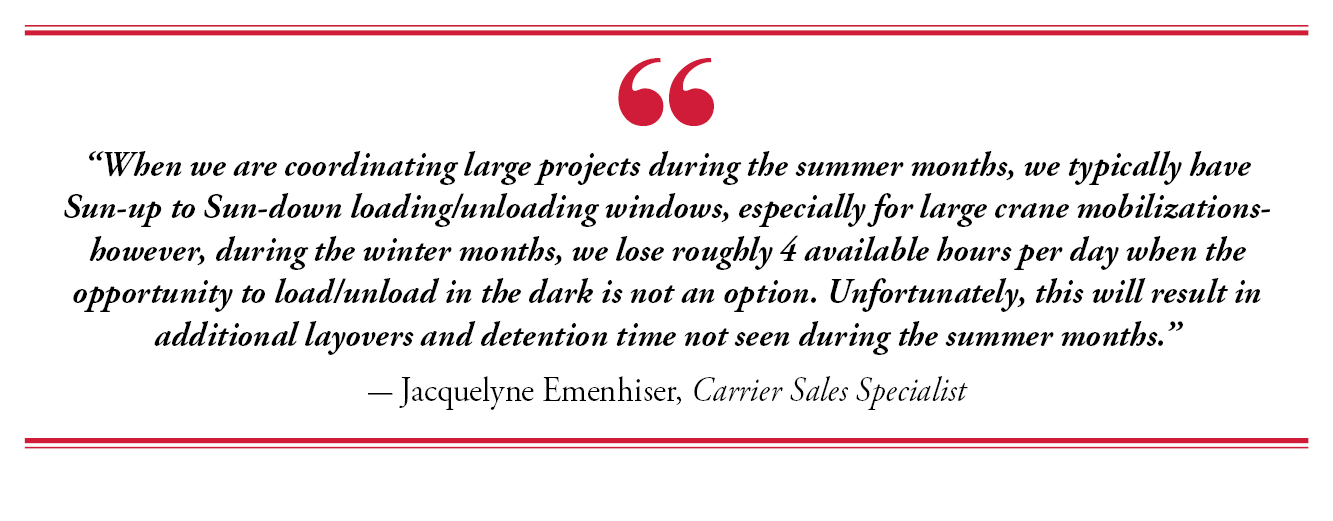 “When we are coordinating large projects during the summer months, we typically have Sun-up to Sun-down loading/unloading windows, especially for large crane mobilizations- however, during the winter months, we lose roughly 4 available hours per day when the opportunity to load/unload in the dark is not an option. Unfortunately, this will result in additional layovers and detention time not seen during the summer months.” - Jacquelyne Emenhiser, Carrier Sales Specialist